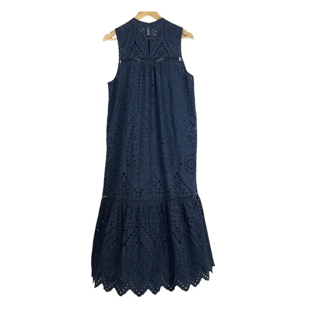 New Sussan Women’s Midi Dress Navy Blue Broderie Scallop Hem Cotton Size L 14 - Picture 5 of 10